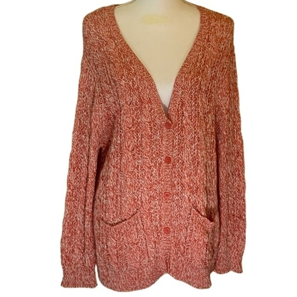 Garnet Hill pink/white cable knit cardigan, large, lightweight, cottagecore - Picture 1 of 6